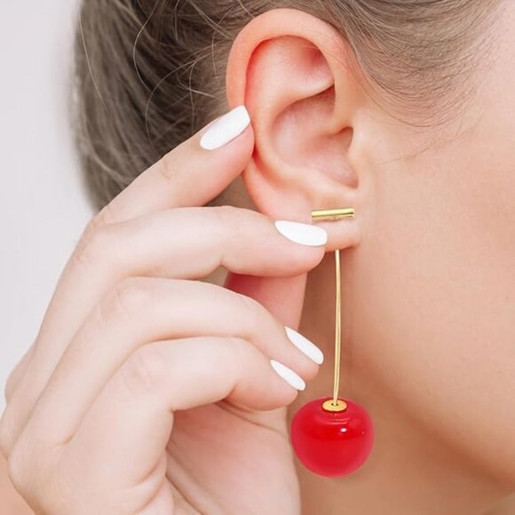 TWO (2) NEW Pairs of CHERRY Drop Earrings in Bright & Dark Gold Dipped Fruit - Picture 4 of 6